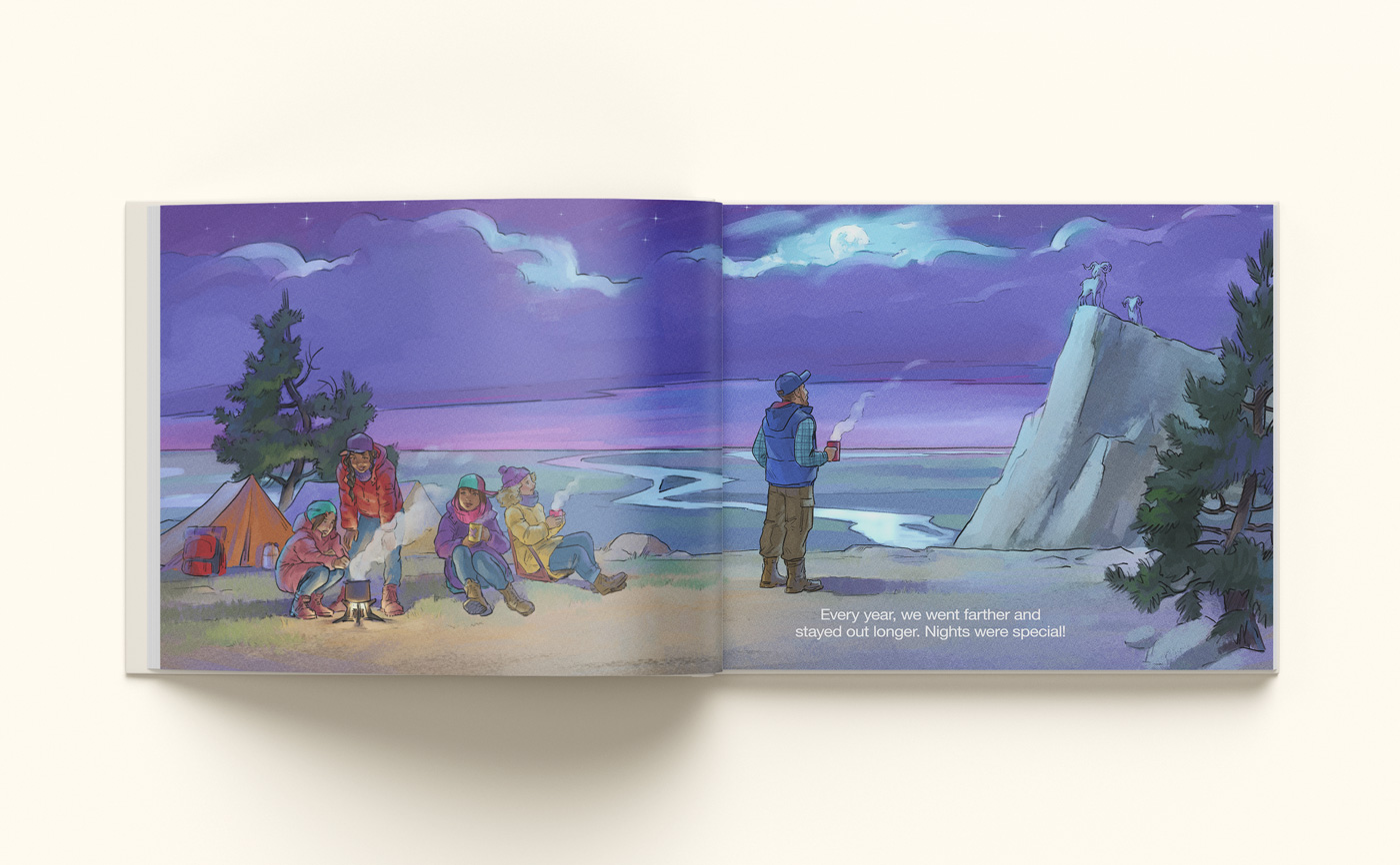 An illustrated spread from Rubies and Gold — the families camp at twilight beside the water, gathered around a warm stove as the moon rises over a cliff where mountain goats stand.