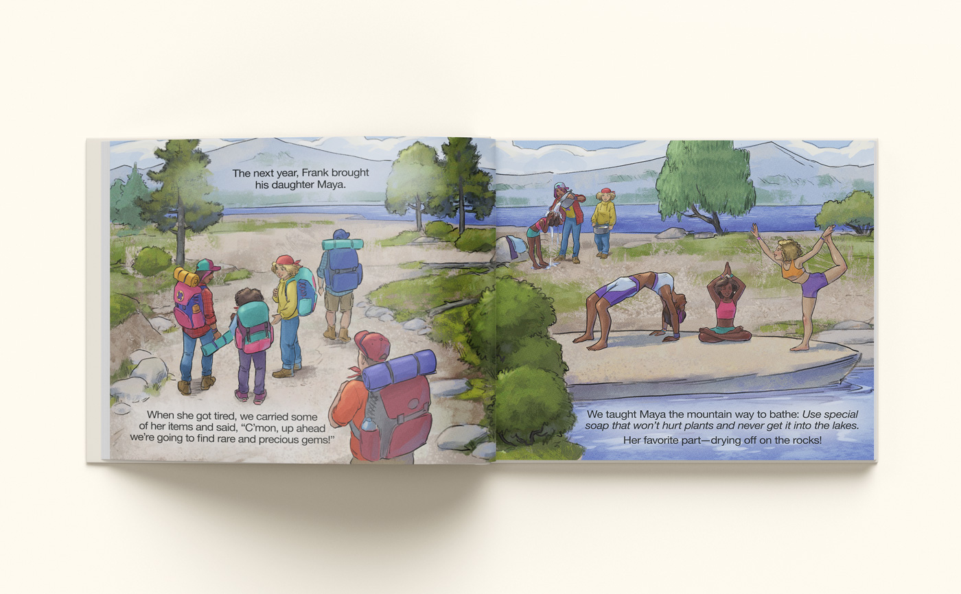 An illustrated spread from Rubies and Gold — backpackers on a lakeside trail welcome a new friend, Maya, and show her the mountain ways by the water.