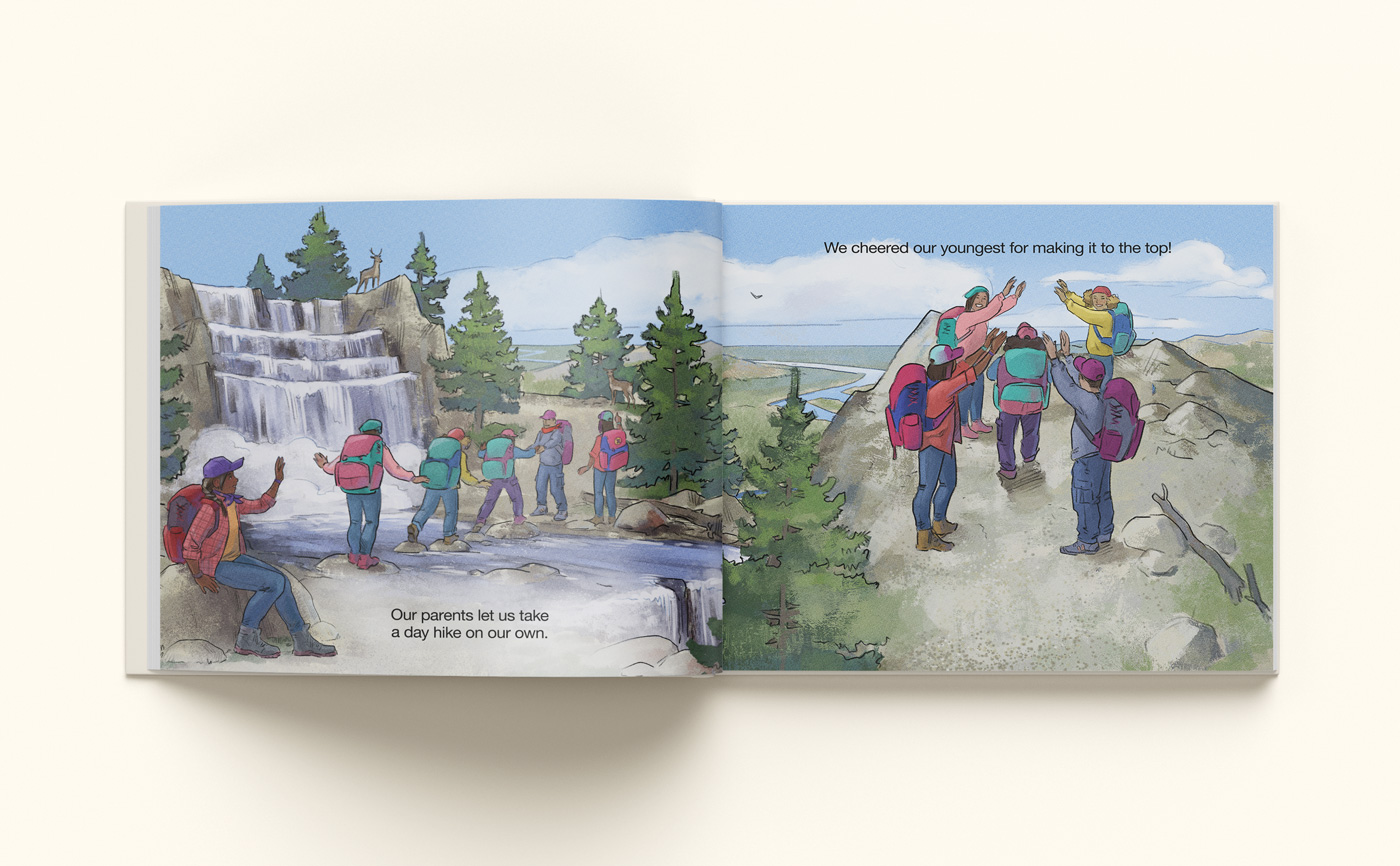 An illustrated spread from Rubies and Gold — the children take a day hike on their own, past a waterfall and up to the summit, where they cheer their youngest for making it to the top.