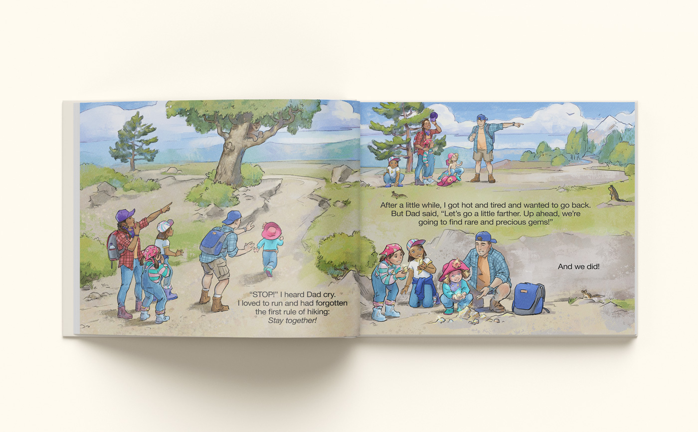 An illustrated spread from Rubies and Gold — two families set out on a mountain trail by a lake; a dad calls a runaway toddler back, then the group kneels together to look for rare and precious gems.